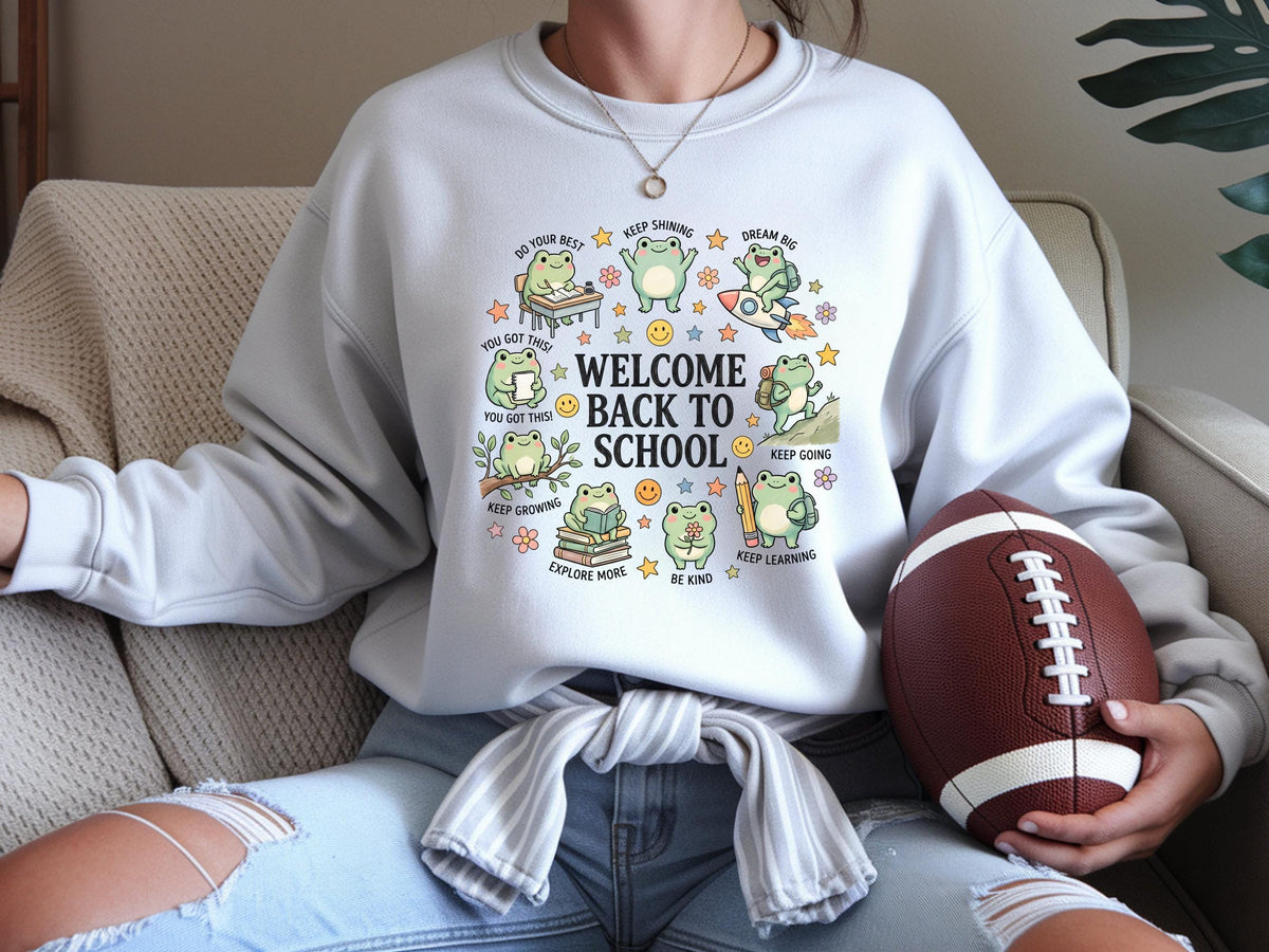 Back to School Frog Sweatshirt, Cute Teacher Gift, Encouraging School Crewneck, Bookish Student Pullover, Kawaii Frog School Gift for Kids