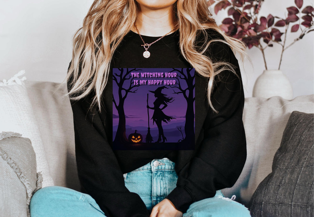 The Witching Hour Is My Happy Hour Sweatshirt, Halloween Witch Crewneck, Spooky Pumpkin Sweatshirt, Gothic Autumn Pullover Gift Rest