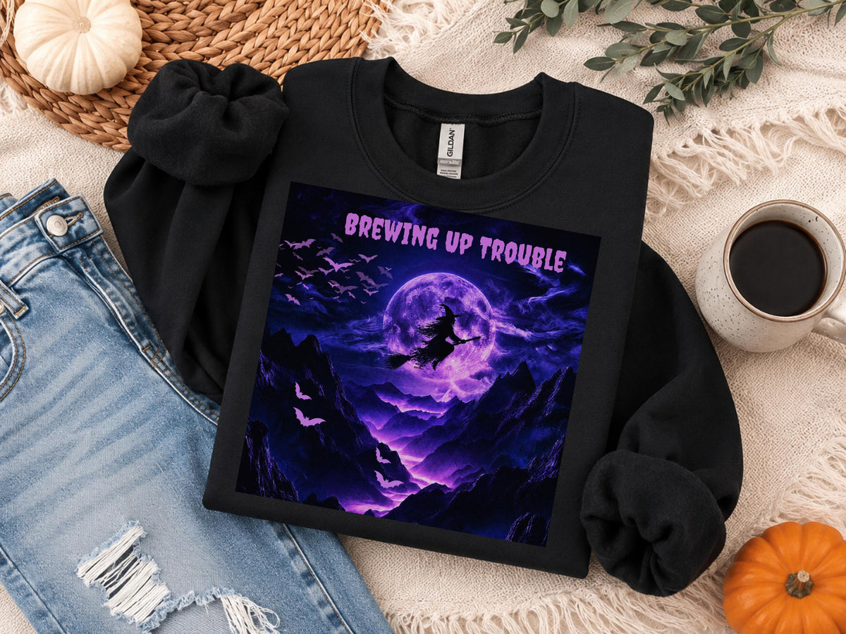 Brewing Up Trouble Sweatshirt, Witchy Halloween Crewneck, Purple Moon Bat Shirt, Gothic Witch Sweater, Spooky Season Gift for Her Him