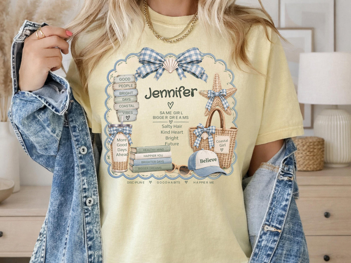 Personalized Coastal Girl Sweatshirt, Beachy Name Crewneck, Seashell Bow and Starfish Design, Salty Hair Kind Heart Gift for Her, Summer