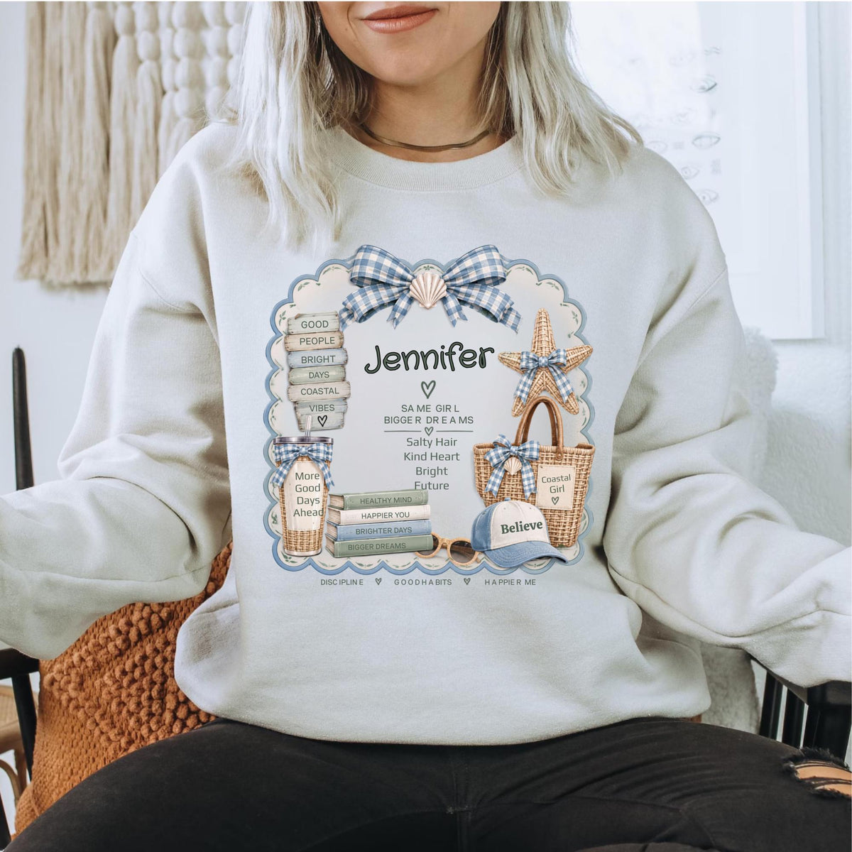 Personalized Coastal Girl Sweatshirt, Beachy Name Crewneck, Seashell Bow and Starfish Design, Salty Hair Kind Heart Gift for Her, Summer