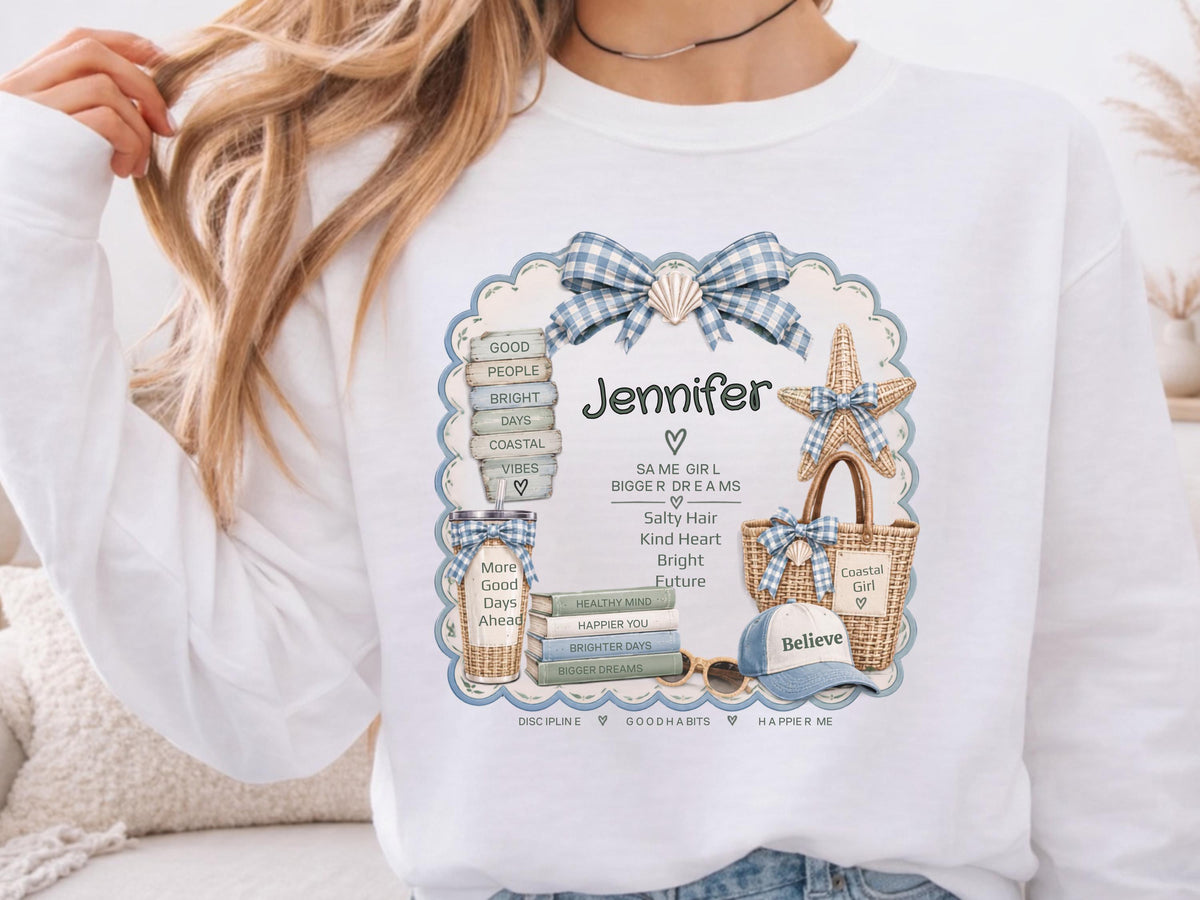 Personalized Coastal Girl Sweatshirt, Beachy Name Crewneck, Seashell Bow and Starfish Design, Salty Hair Kind Heart Gift for Her, Summer