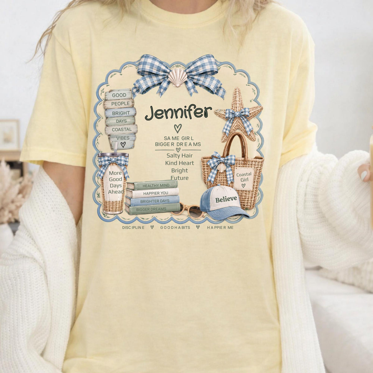 Personalized Coastal Girl Sweatshirt, Beachy Name Crewneck, Seashell Bow and Starfish Design, Salty Hair Kind Heart Gift for Her, Summer