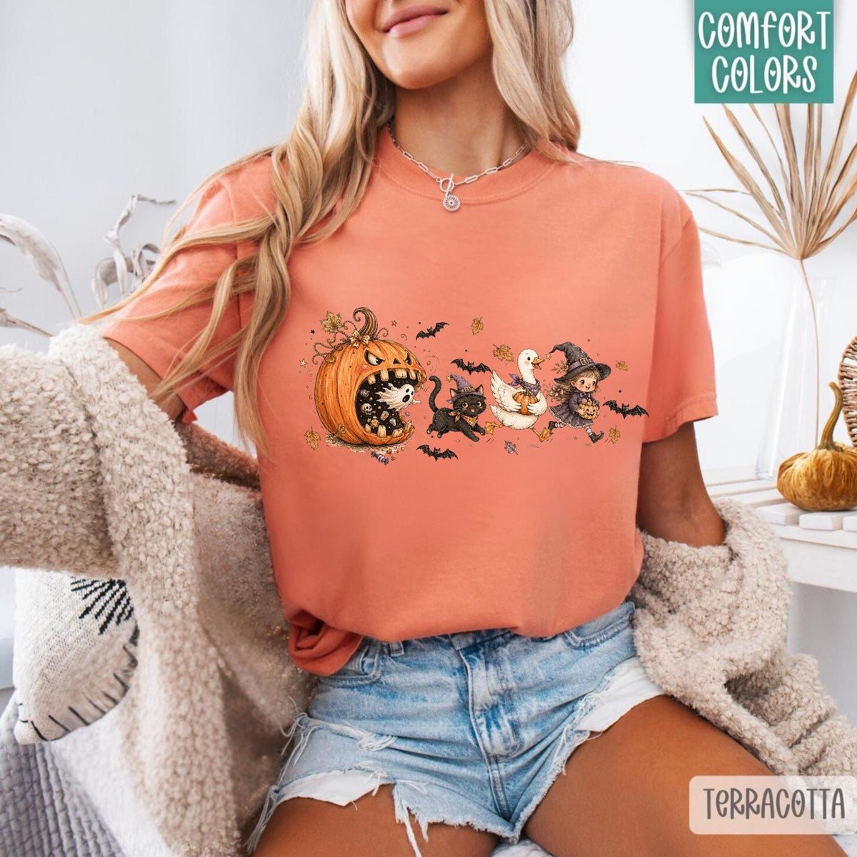 Halloween Pumpkin Sweatshirt, Witch Girl Cat and Duck Design, Cute Spooky Autumn Crewneck, Fall Halloween Gift for Magic Lovers