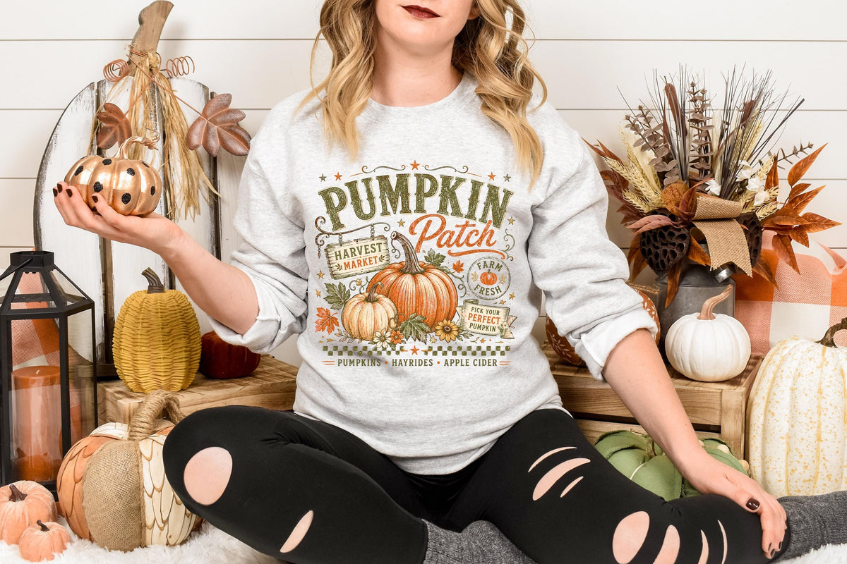 Pumpkin Patch Sweatshirt, Fall Harvest Market Crewneck, Farm Fresh Pumpkin Season Pullover, Hayride Apple Cider Autumn Gift Idea Cozy