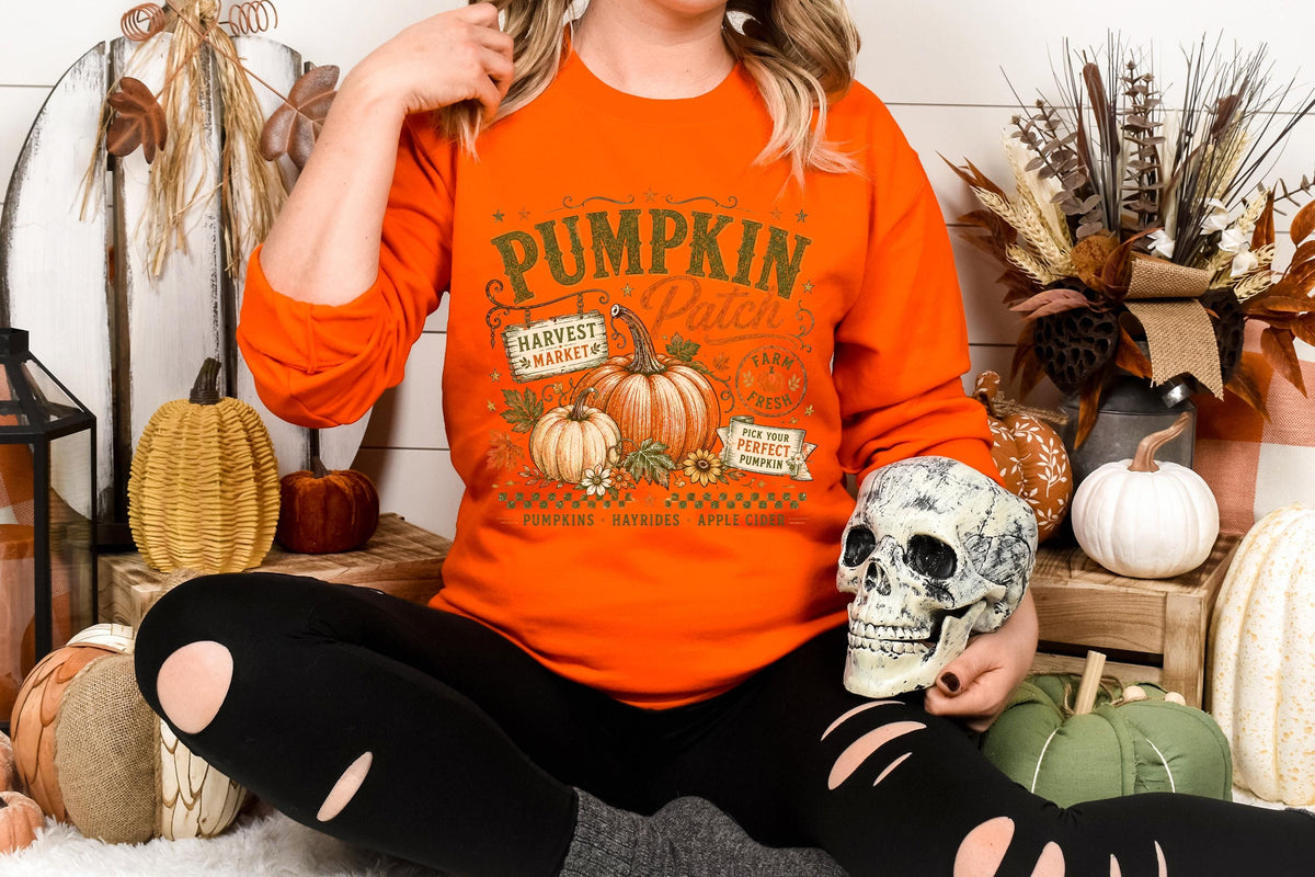Pumpkin Patch Sweatshirt, Fall Harvest Market Crewneck, Farm Fresh Pumpkin Season Pullover, Hayride Apple Cider Autumn Gift Idea Cozy