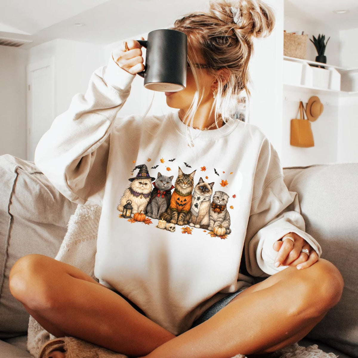Halloween Cat Sweatshirt, Cute Spooky Cats Crewneck, Witch Kitty Pumpkin Shirt, Autumn Fall Feline Gift for Cat Lovers and Cozy Nights