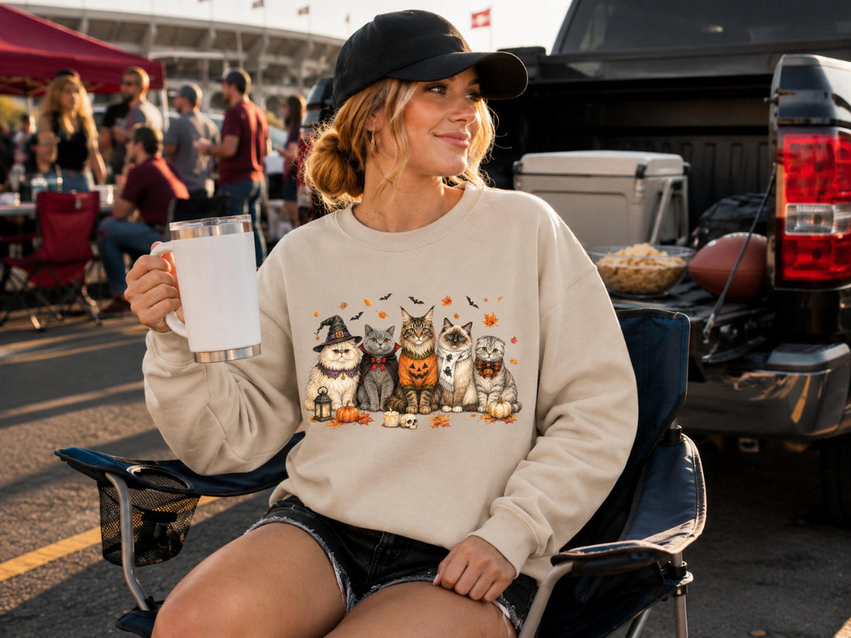 Halloween Cat Sweatshirt, Cute Spooky Cats Crewneck, Witch Kitty Pumpkin Shirt, Autumn Fall Feline Gift for Cat Lovers and Cozy Nights