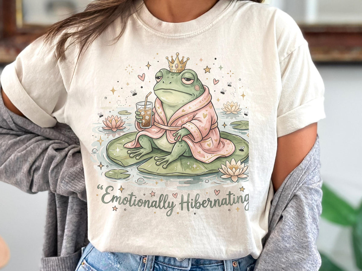 Emotionally Hibernating Frog Sweatshirt, Cozy Crowned Frog Crewneck, Robe Frog Gift, Introvert Pondcore Pullover for Quiet Days Gift