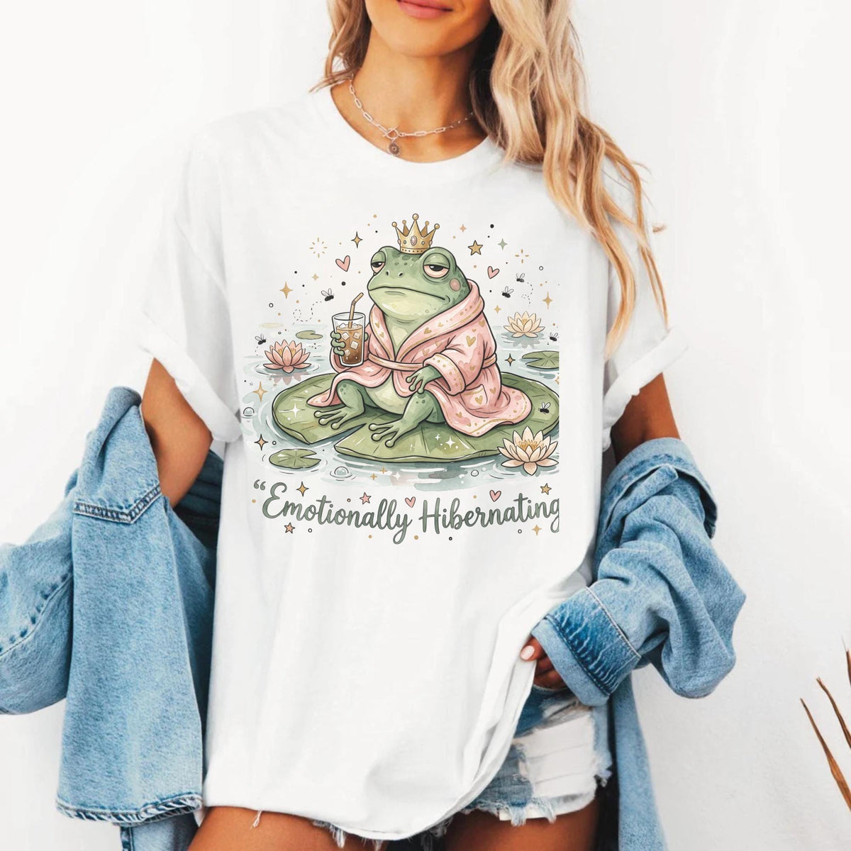 Emotionally Hibernating Frog Sweatshirt, Cozy Crowned Frog Crewneck, Robe Frog Gift, Introvert Pondcore Pullover for Quiet Days Gift