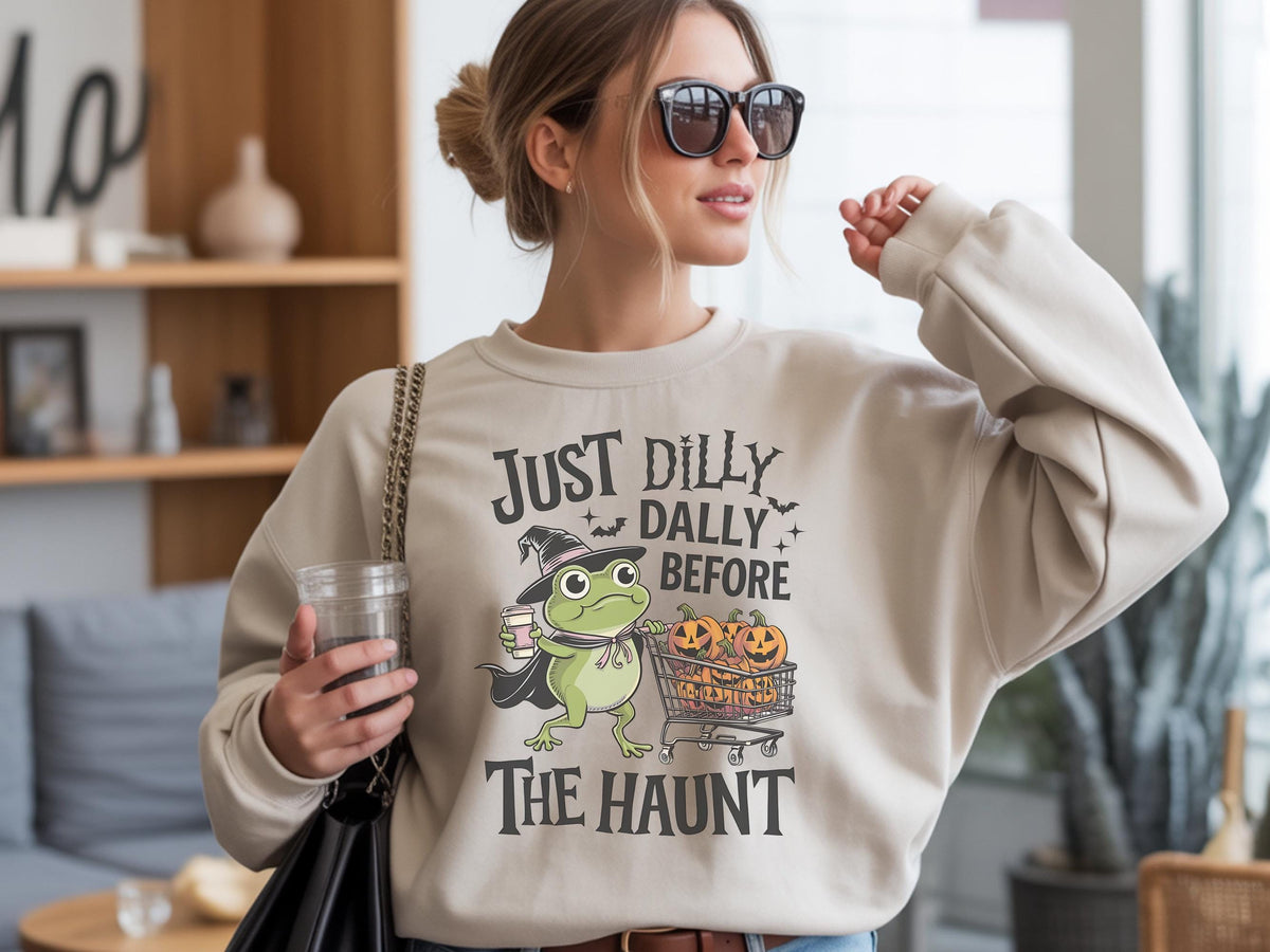 Funny Halloween Frog Sweatshirt, Just Dilly Dally Before the Haunt Crewneck, Witchy Pumpkin Shopping Pullover, Spooky Season Gift Idea