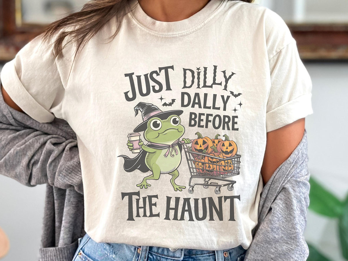 Funny Halloween Frog Sweatshirt, Just Dilly Dally Before the Haunt Crewneck, Witchy Pumpkin Shopping Pullover, Spooky Season Gift Idea