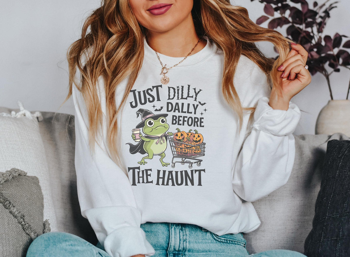 Funny Halloween Frog Sweatshirt, Just Dilly Dally Before the Haunt Crewneck, Witchy Pumpkin Shopping Pullover, Spooky Season Gift Idea