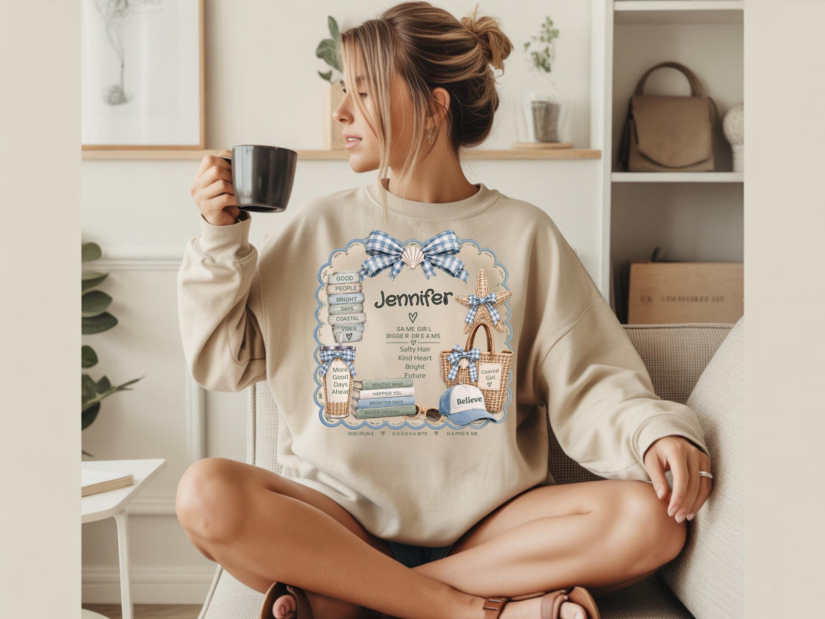 Personalized Coastal Girl Sweatshirt, Beachy Name Crewneck, Seashell Bow and Starfish Design, Salty Hair Kind Heart Gift for Her, Summer