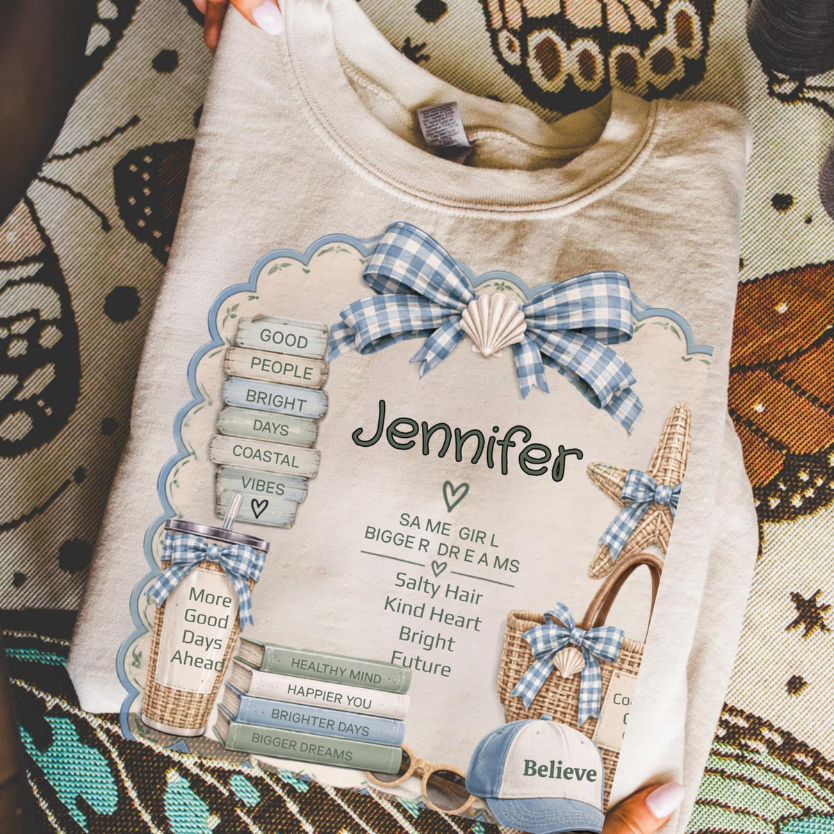 Personalized Coastal Girl Sweatshirt, Beachy Name Crewneck, Seashell Bow and Starfish Design, Salty Hair Kind Heart Gift for Her, Summer