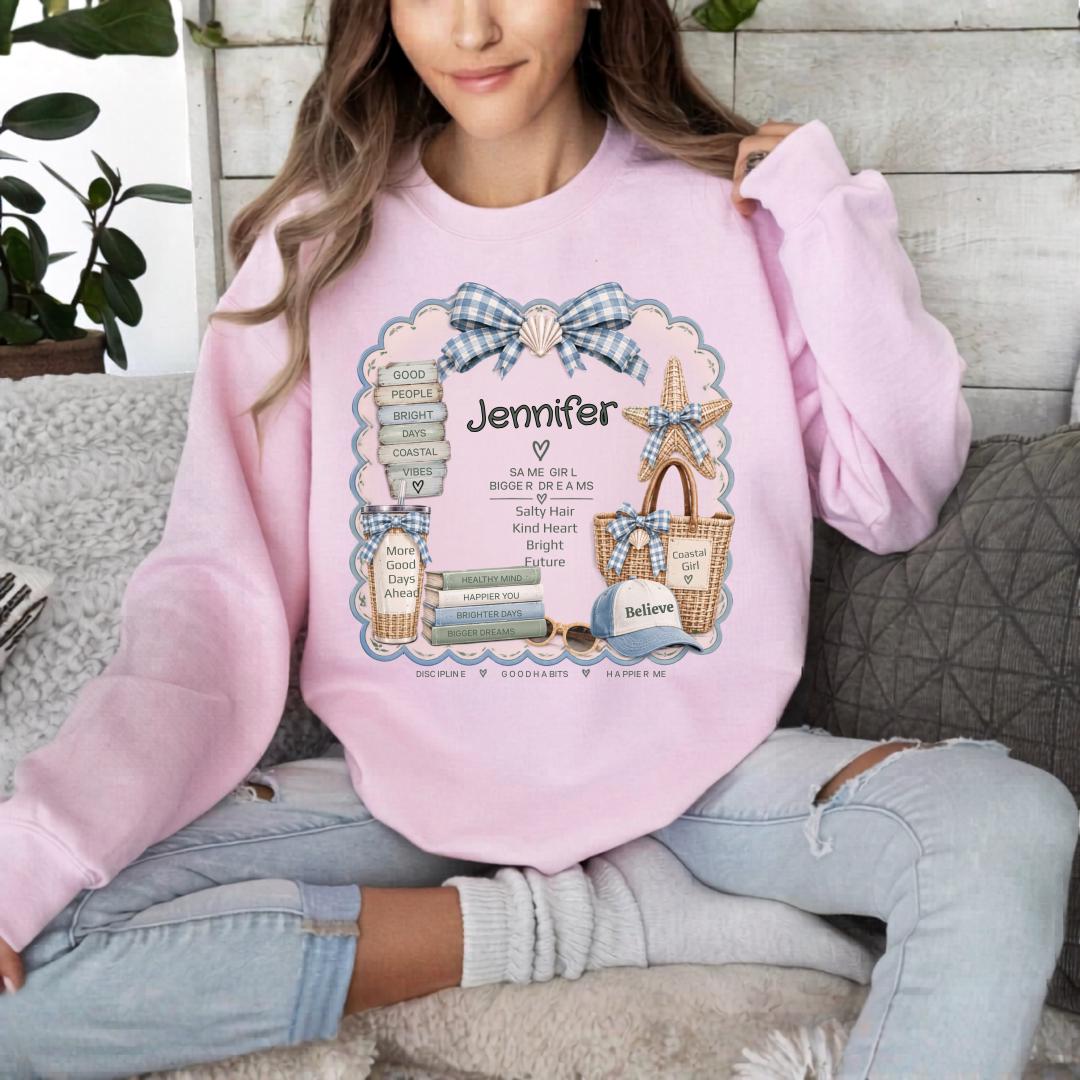 Personalized Coastal Girl Sweatshirt, Beachy Name Crewneck, Seashell Bow and Starfish Design, Salty Hair Kind Heart Gift for Her, Summer