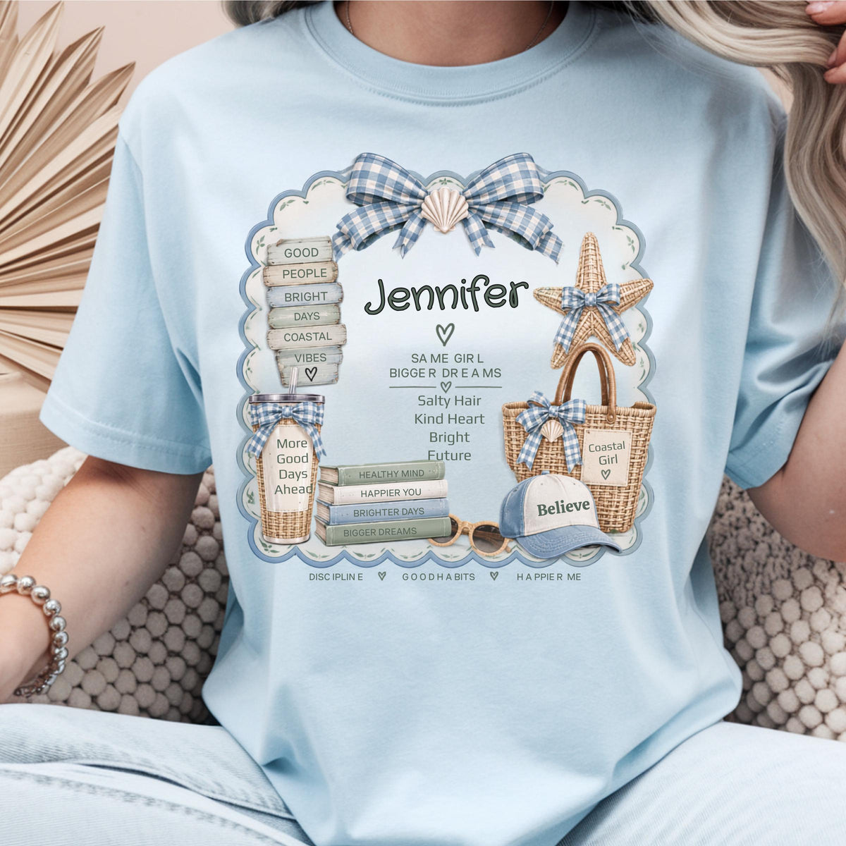 Personalized Coastal Girl Sweatshirt, Beachy Name Crewneck, Seashell Bow and Starfish Design, Salty Hair Kind Heart Gift for Her, Summer