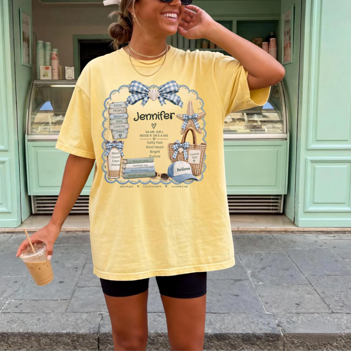 Personalized Coastal Girl Sweatshirt, Beachy Name Crewneck, Seashell Bow and Starfish Design, Salty Hair Kind Heart Gift for Her, Summer