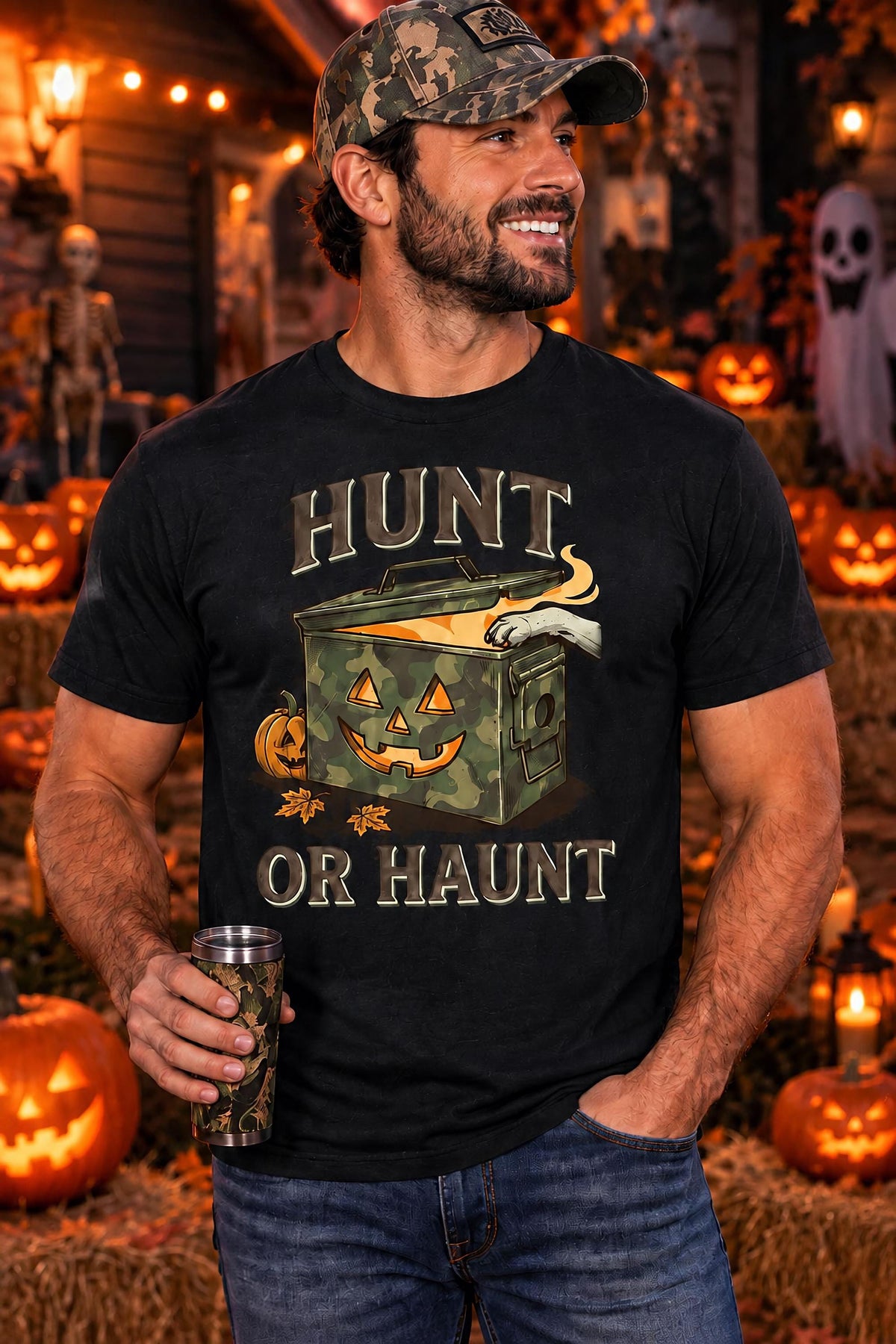 Hunt or Haunt Halloween Shirt, Camouflage Pumpkin Tee, Funny Hunting Graphic, Spooky Fall Shirt for Outdoor Fans and Pumpkin Lovers