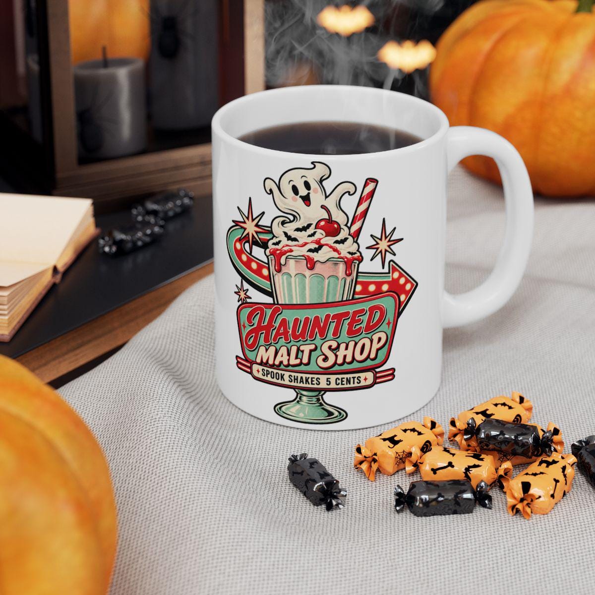 Haunted Malt Shop Mug, Shirt, Spooky Halloween T-Shirt, Ghost Spook Shakes Graphic Tee, Retro Diner Design, Vintage-Inspired Unisex Top