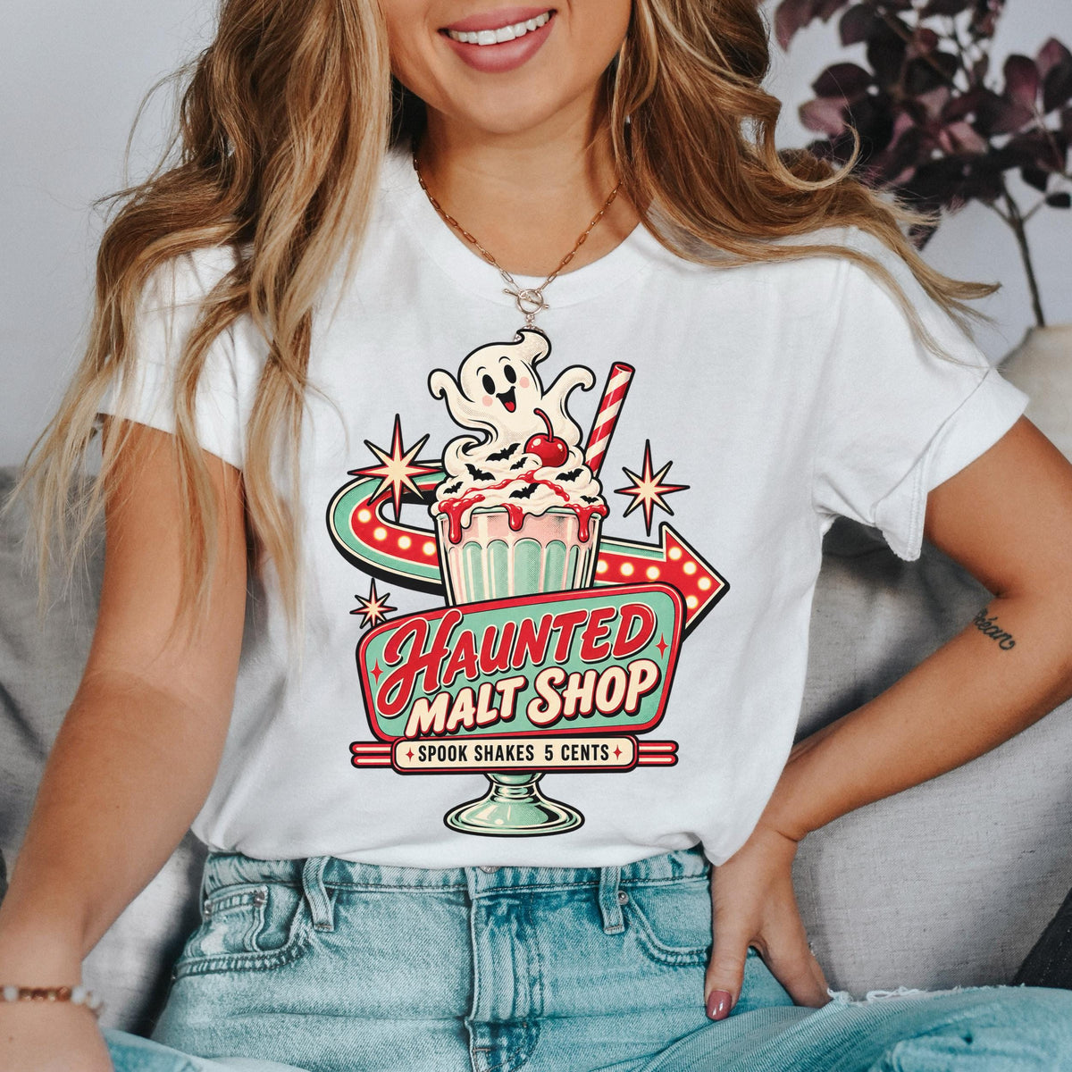 Haunted Malt Shop Mug, Shirt, Spooky Halloween T-Shirt, Ghost Spook Shakes Graphic Tee, Retro Diner Design, Vintage-Inspired Unisex Top