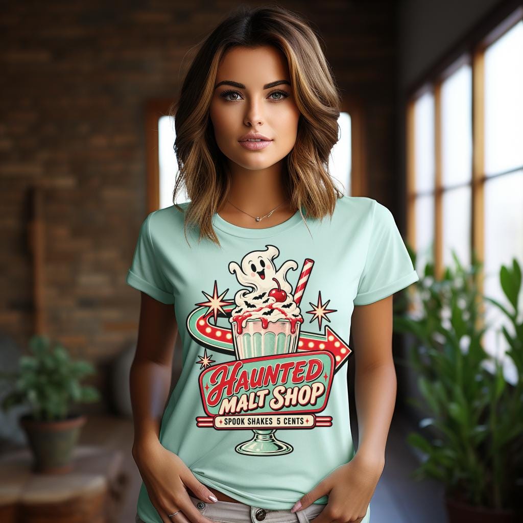 Haunted Malt Shop Mug, Shirt, Spooky Halloween T-Shirt, Ghost Spook Shakes Graphic Tee, Retro Diner Design, Vintage-Inspired Unisex Top