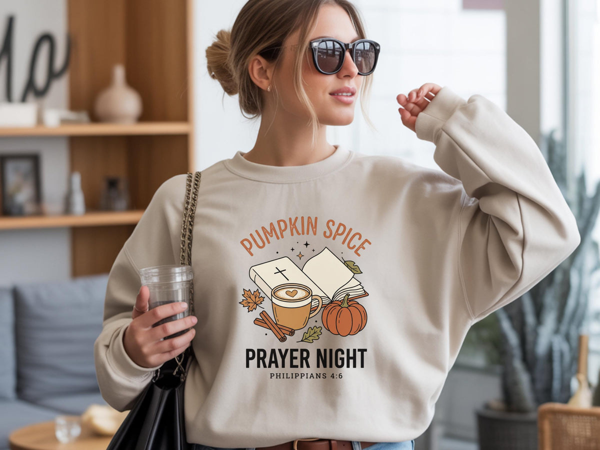 Pumpkin Spice Prayer Sweatshirt, Christian Fall Crewneck, Philippians 4:6 Coffee Pumpkin Faith Gift, Cozy Autumn Bible Study