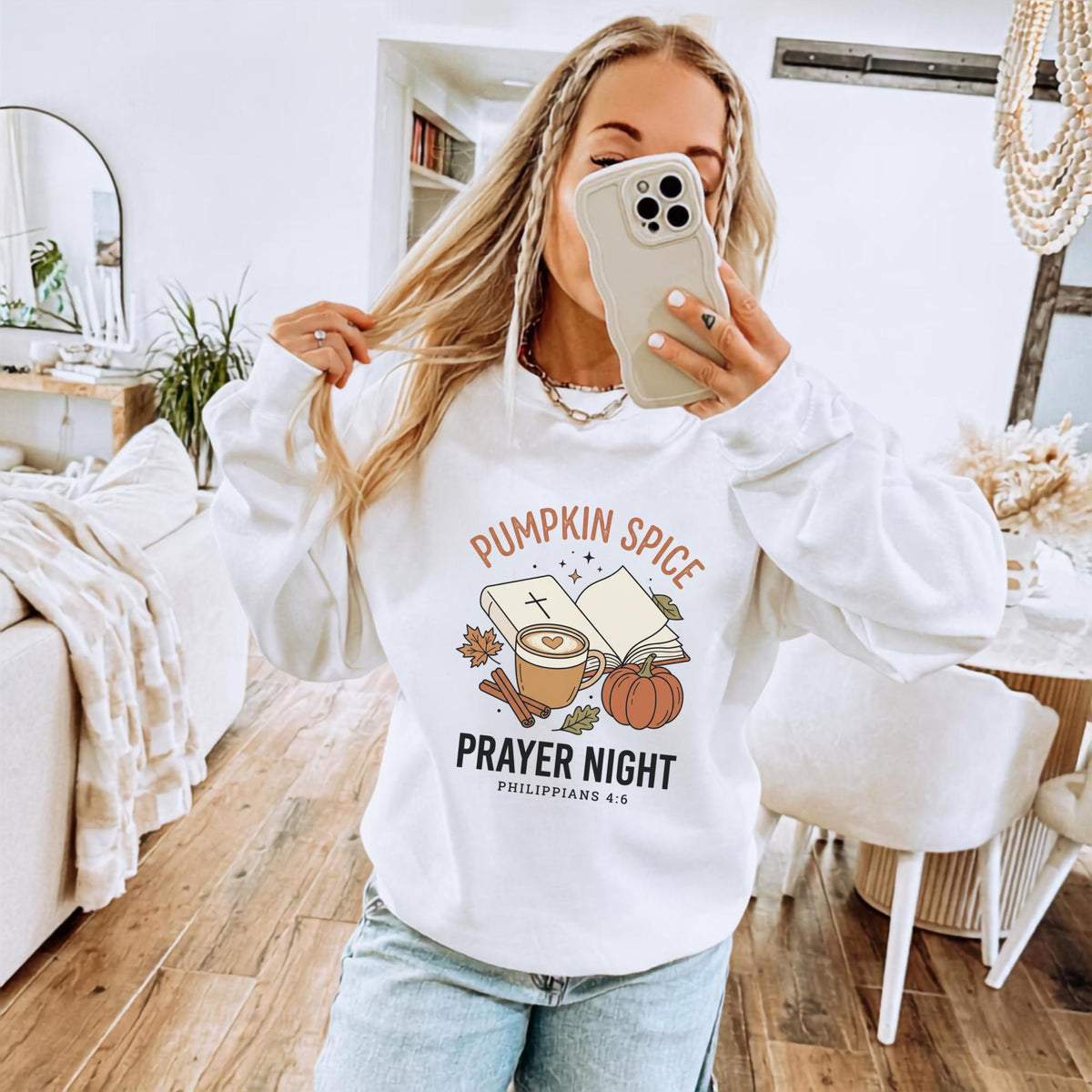 Pumpkin Spice Prayer Sweatshirt, Christian Fall Crewneck, Philippians 4:6 Coffee Pumpkin Faith Gift, Cozy Autumn Bible Study