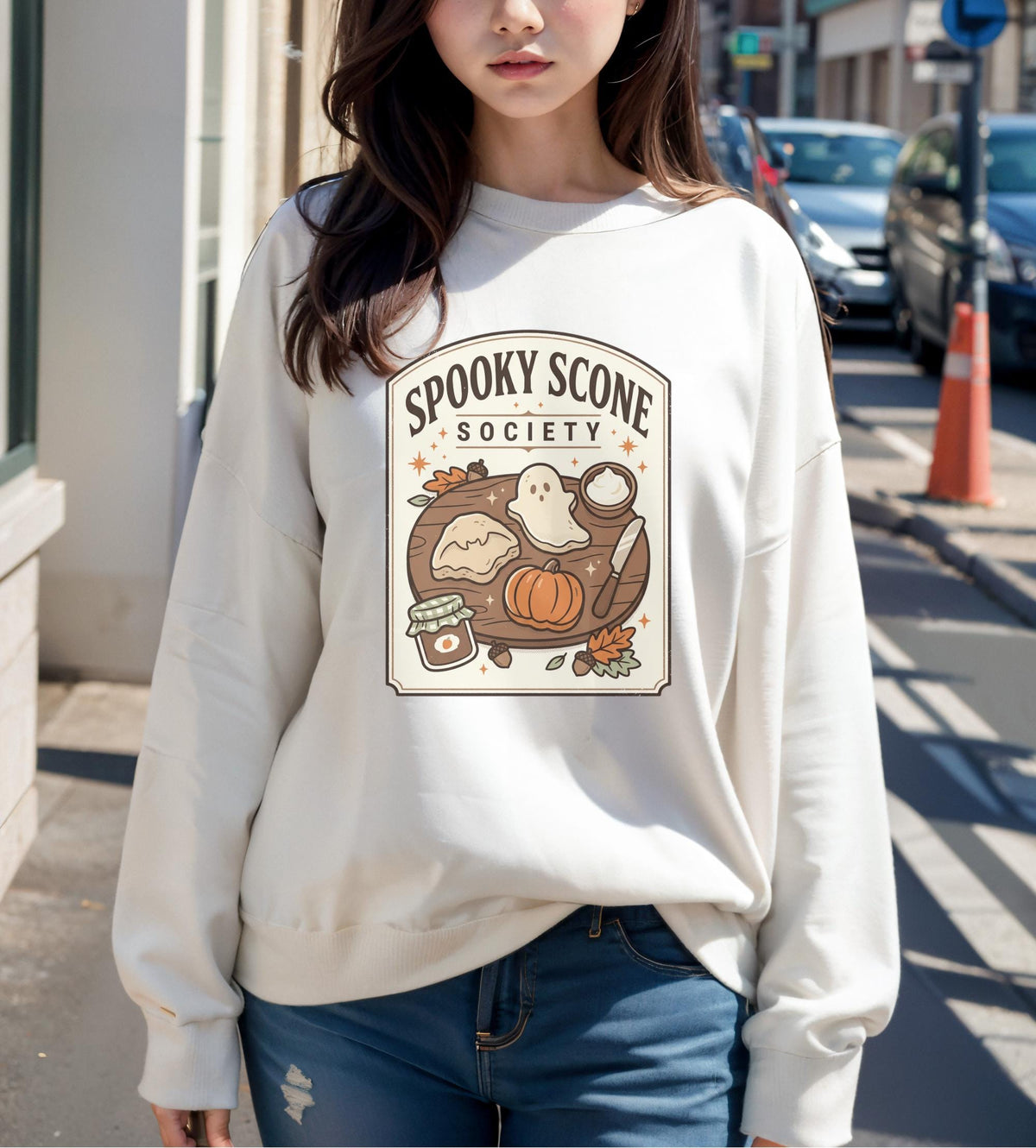 Spooky Scone Society Sweatshirt, Fall Baking Shirt, Halloween Coffee Lover Crewneck, Pumpkin Pie Ghost Autumn Graphic Pullover Gift