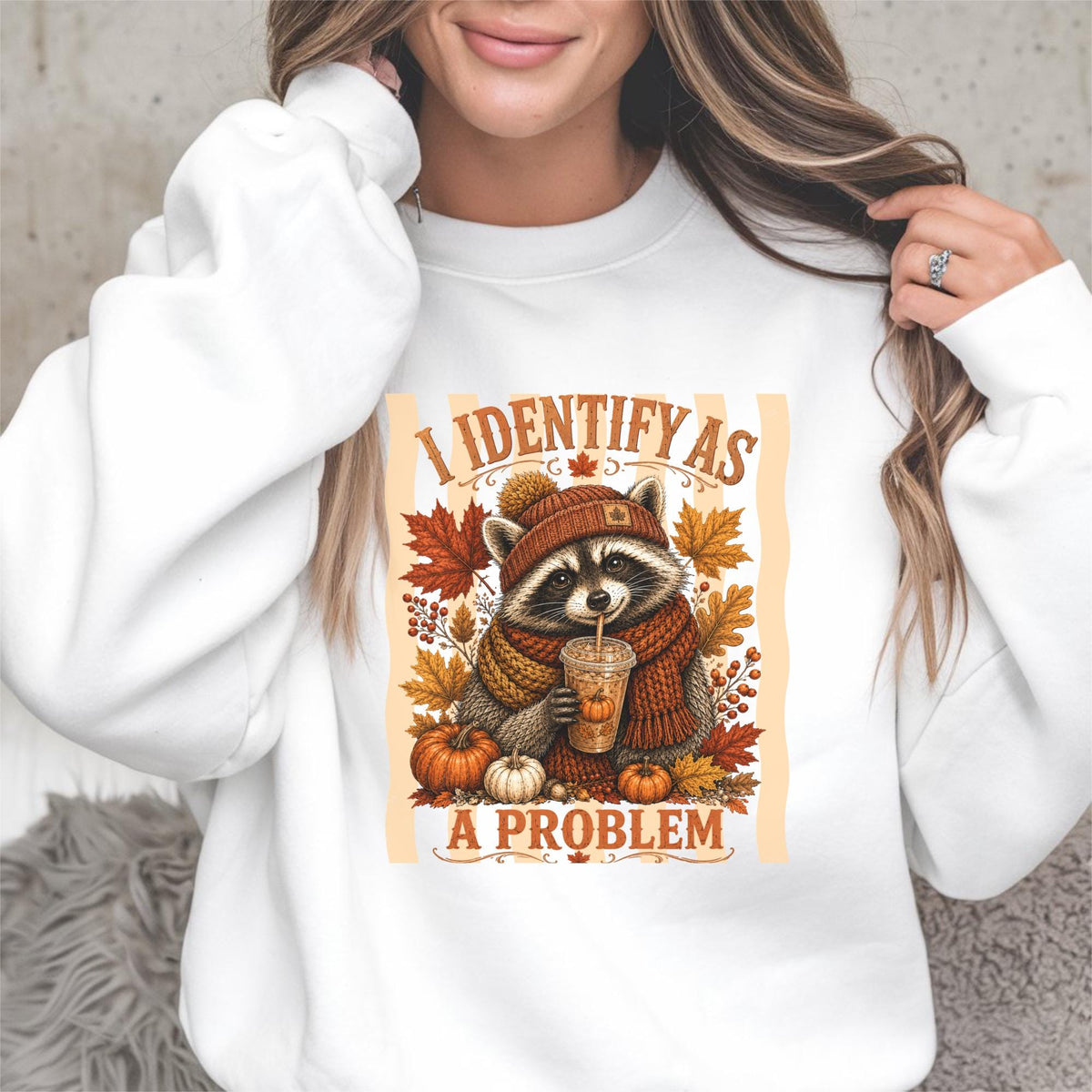 Raccoon Fall Sweatshirt, Identify as a Problem Autumn Crewneck, Pumpkin Spice Animal Shirt, Cozy Thanksgiving Gift for Nature Lovers