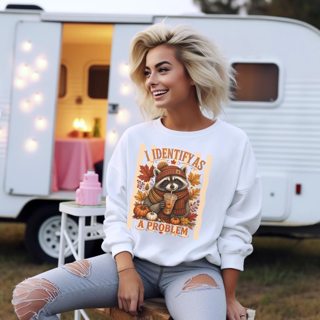 Raccoon Fall Sweatshirt, Identify as a Problem Autumn Crewneck, Pumpkin Spice Animal Shirt, Cozy Thanksgiving Gift for Nature Lovers