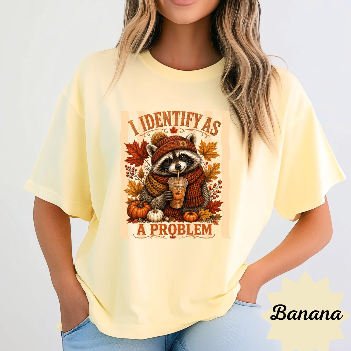 Raccoon Fall Sweatshirt, Identify as a Problem Autumn Crewneck, Pumpkin Spice Animal Shirt, Cozy Thanksgiving Gift for Nature Lovers