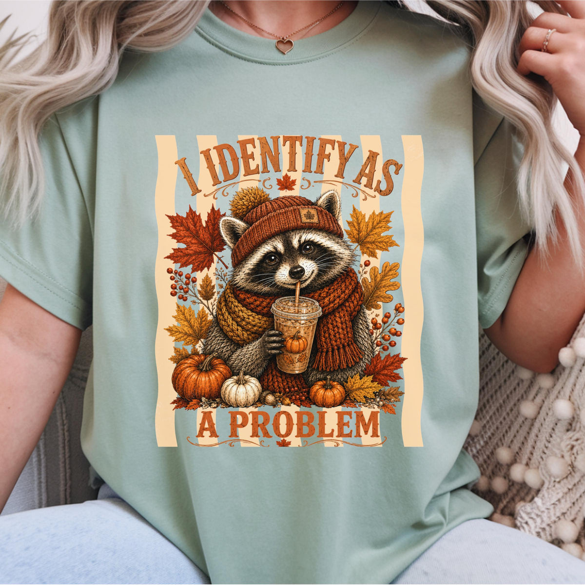 Raccoon Fall Sweatshirt, Identify as a Problem Autumn Crewneck, Pumpkin Spice Animal Shirt, Cozy Thanksgiving Gift for Nature Lovers