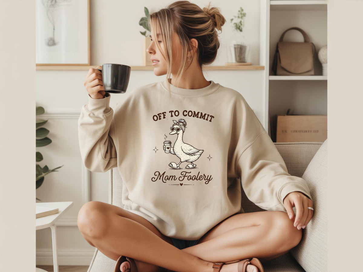 Off to Commit Mom Foolery Sweatshirt, Funny Mom Duck Crewneck, Coffee Lover Gift, Cute Cozy Mother’s Day Pullover, Mom Humor Top Gift