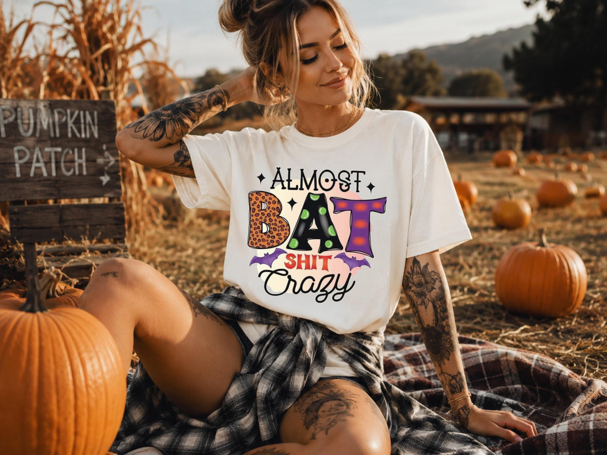 Almost Bat Shit Crazy Halloween Shirt, Funny Pumpkin Patch Tee, Colorful Bat Graphic Top, Spooky Autumn Gift for Halloween Fans and Friends