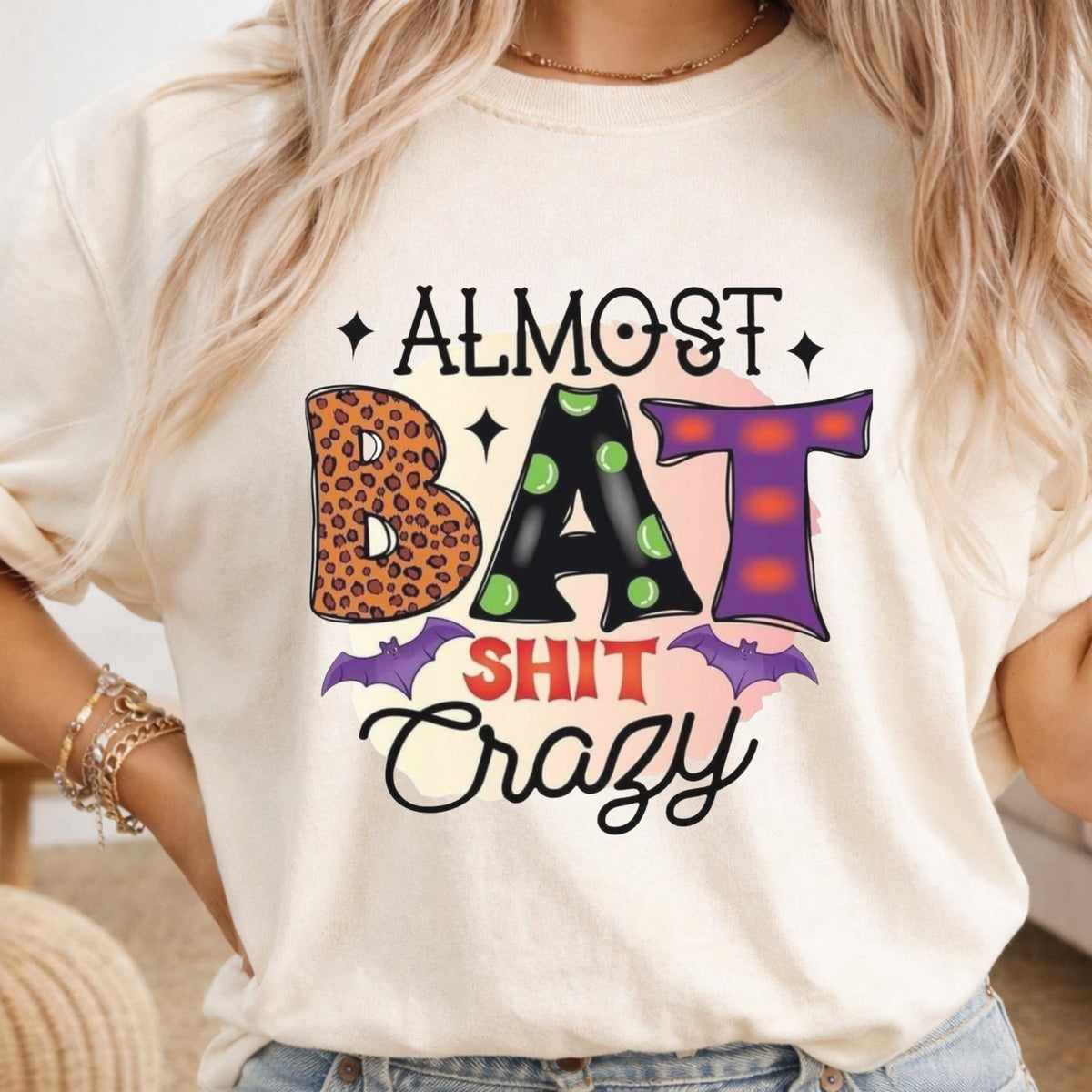 Almost Bat Shit Crazy Halloween Shirt, Funny Pumpkin Patch Tee, Colorful Bat Graphic Top, Spooky Autumn Gift for Halloween Fans and Friends
