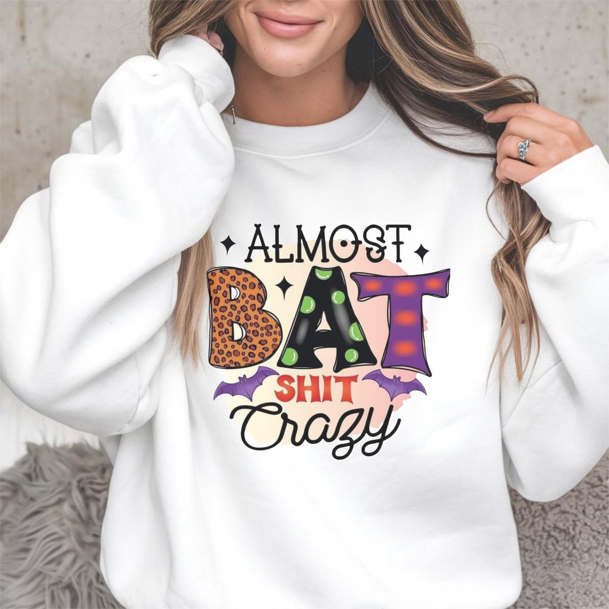 Almost Bat Shit Crazy Halloween Shirt, Funny Pumpkin Patch Tee, Colorful Bat Graphic Top, Spooky Autumn Gift for Halloween Fans and Friends