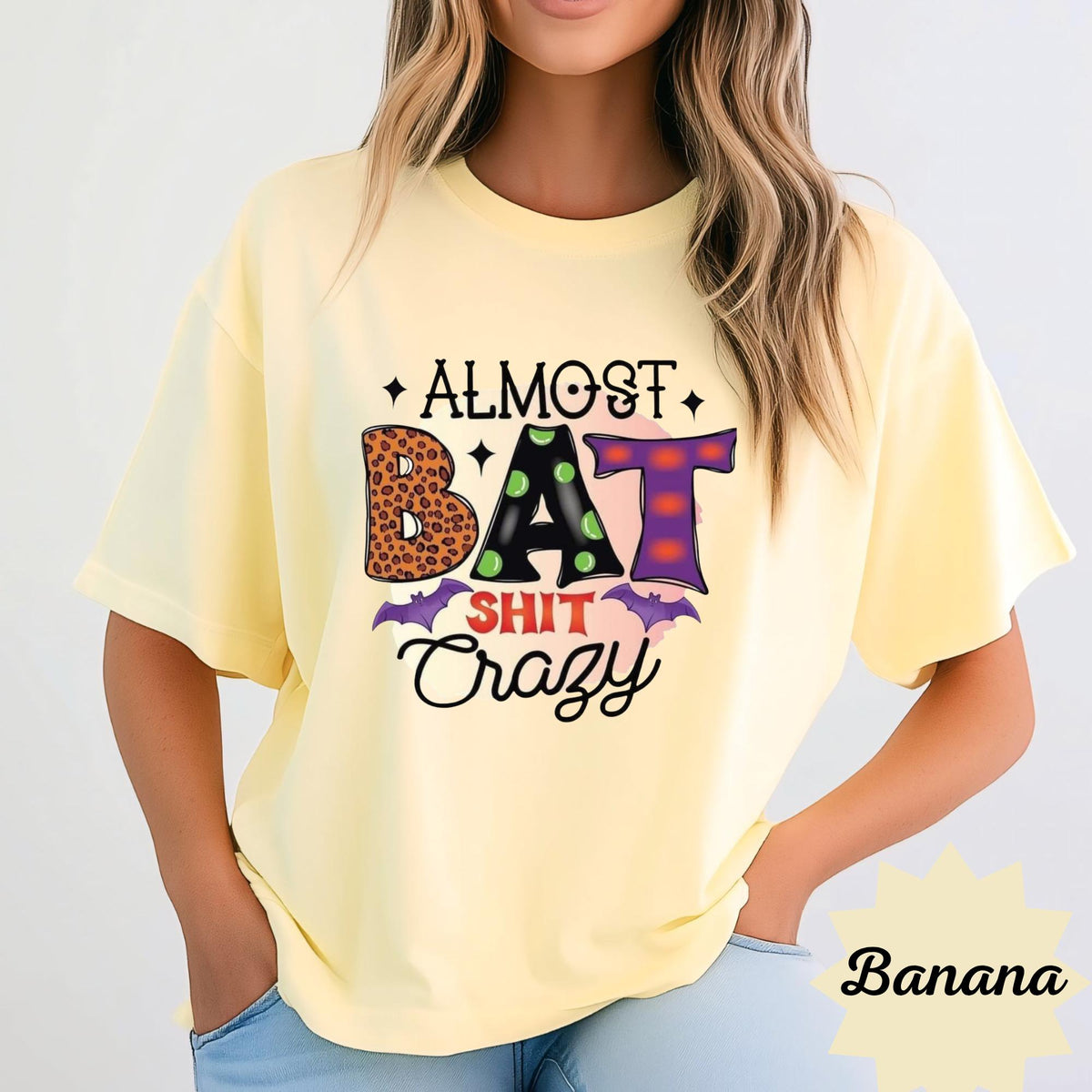Almost Bat Shit Crazy Halloween Shirt, Funny Pumpkin Patch Tee, Colorful Bat Graphic Top, Spooky Autumn Gift for Halloween Fans and Friends