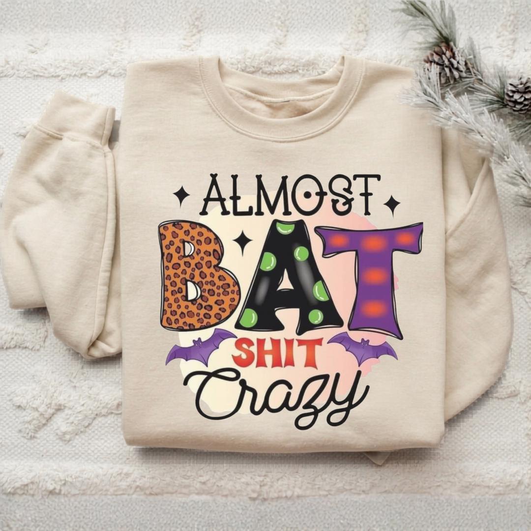 Almost Bat Shit Crazy Halloween Shirt, Funny Pumpkin Patch Tee, Colorful Bat Graphic Top, Spooky Autumn Gift for Halloween Fans and Friends