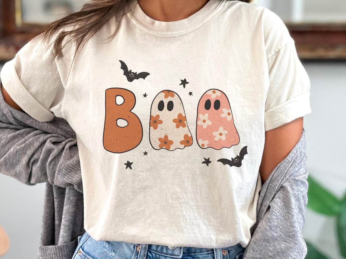 Cute Halloween Ghost Shirt, Boo Ghost Graphic Tee, Spooky Pumpkin Season Top, Floral Ghost Halloween Shirt for Women and Teens, Gift