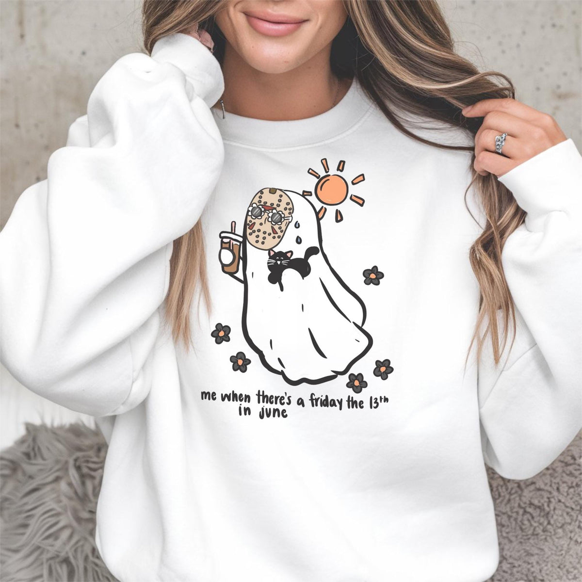 Friday the 13th June Sweatshirt, Cute Ghost Cat Crewneck, Spooky Summer Shirt, Funny Superstition Gift, Unisex Cozy Pullover Gift Idea