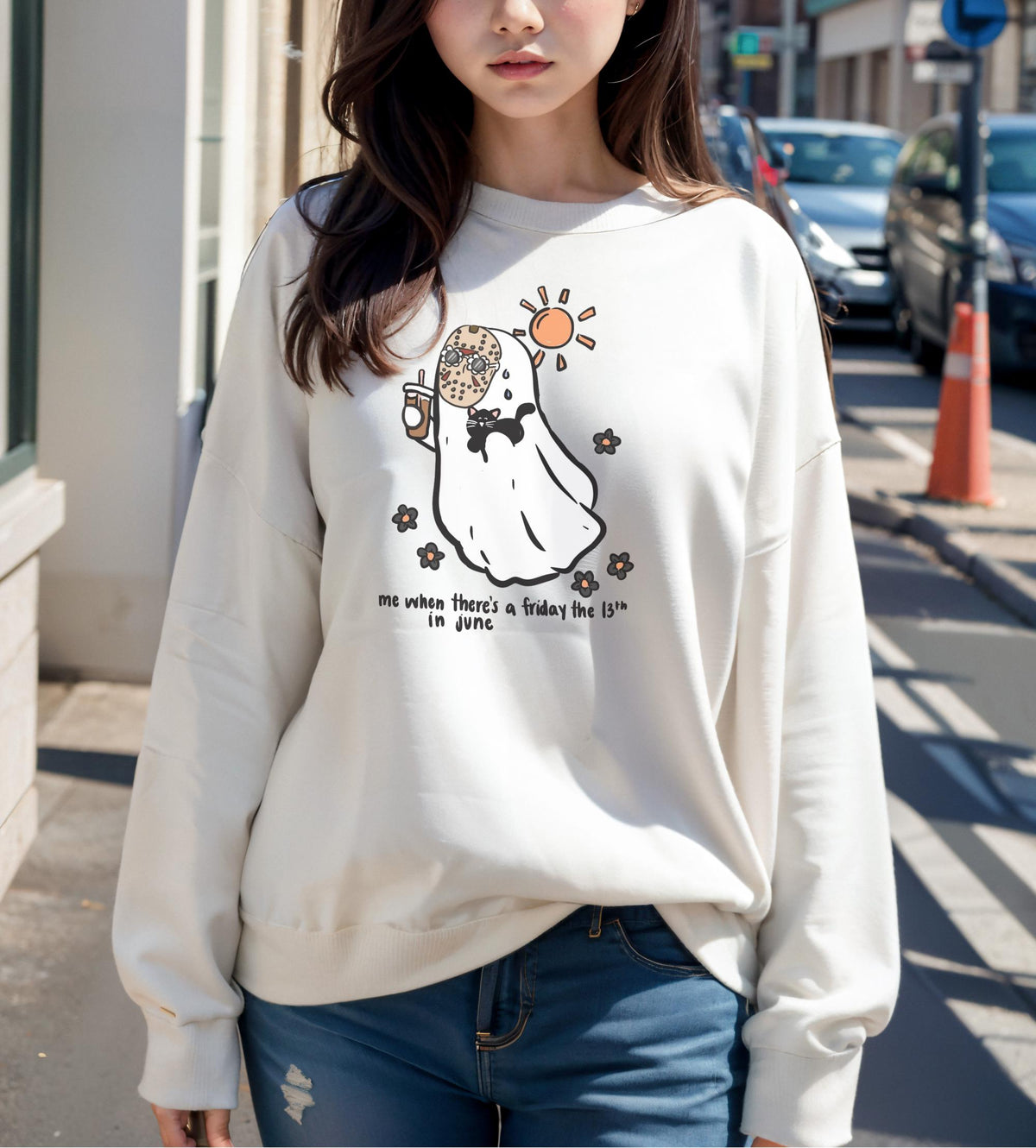 Friday the 13th June Sweatshirt, Cute Ghost Cat Crewneck, Spooky Summer Shirt, Funny Superstition Gift, Unisex Cozy Pullover Gift Idea