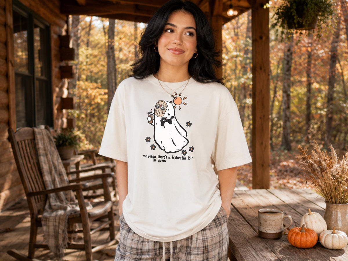 Friday the 13th June Sweatshirt, Cute Ghost Cat Crewneck, Spooky Summer Shirt, Funny Superstition Gift, Unisex Cozy Pullover Gift Idea