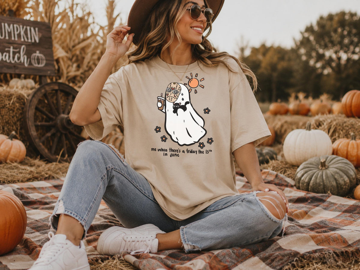 Friday the 13th June Sweatshirt, Cute Ghost Cat Crewneck, Spooky Summer Shirt, Funny Superstition Gift, Unisex Cozy Pullover Gift Idea