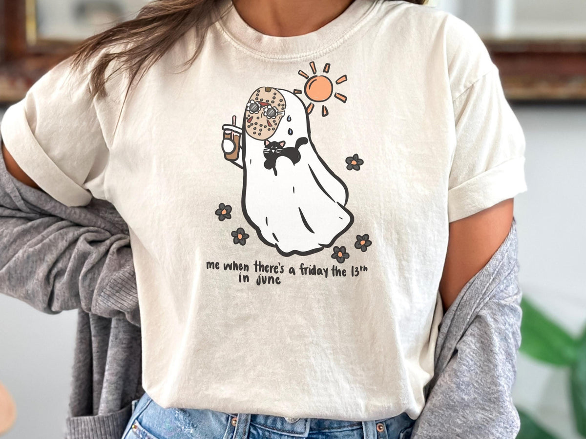 Friday the 13th June Sweatshirt, Cute Ghost Cat Crewneck, Spooky Summer Shirt, Funny Superstition Gift, Unisex Cozy Pullover Gift Idea