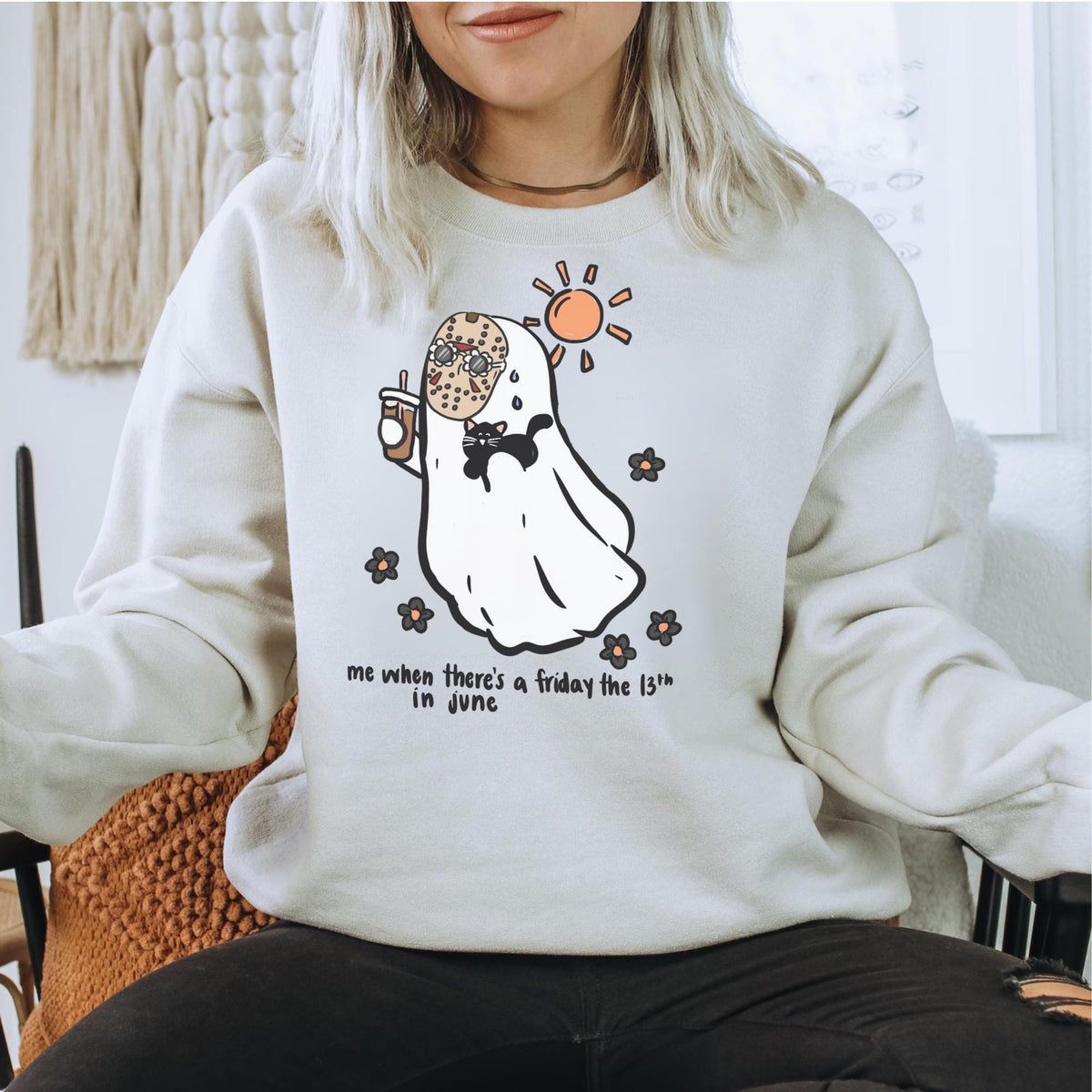 Friday the 13th June Sweatshirt, Cute Ghost Cat Crewneck, Spooky Summer Shirt, Funny Superstition Gift, Unisex Cozy Pullover Gift Idea