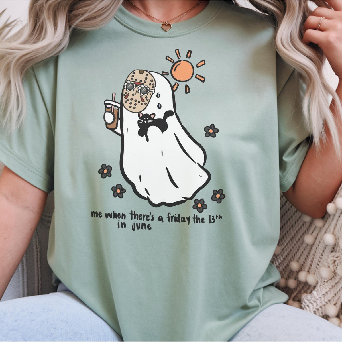Friday the 13th June Sweatshirt, Cute Ghost Cat Crewneck, Spooky Summer Shirt, Funny Superstition Gift, Unisex Cozy Pullover Gift Idea