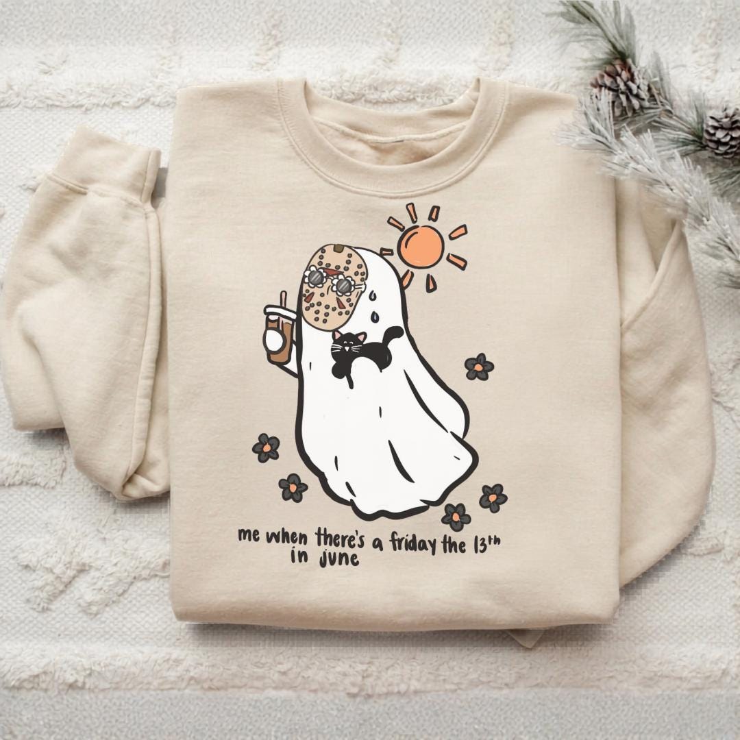 Friday the 13th June Sweatshirt, Cute Ghost Cat Crewneck, Spooky Summer Shirt, Funny Superstition Gift, Unisex Cozy Pullover Gift Idea