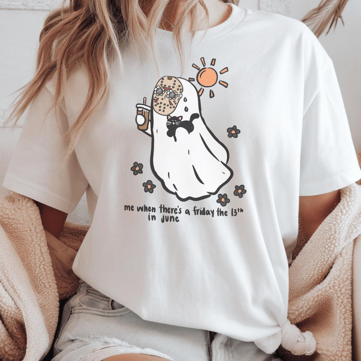 Friday the 13th June Sweatshirt, Cute Ghost Cat Crewneck, Spooky Summer Shirt, Funny Superstition Gift, Unisex Cozy Pullover Gift Idea
