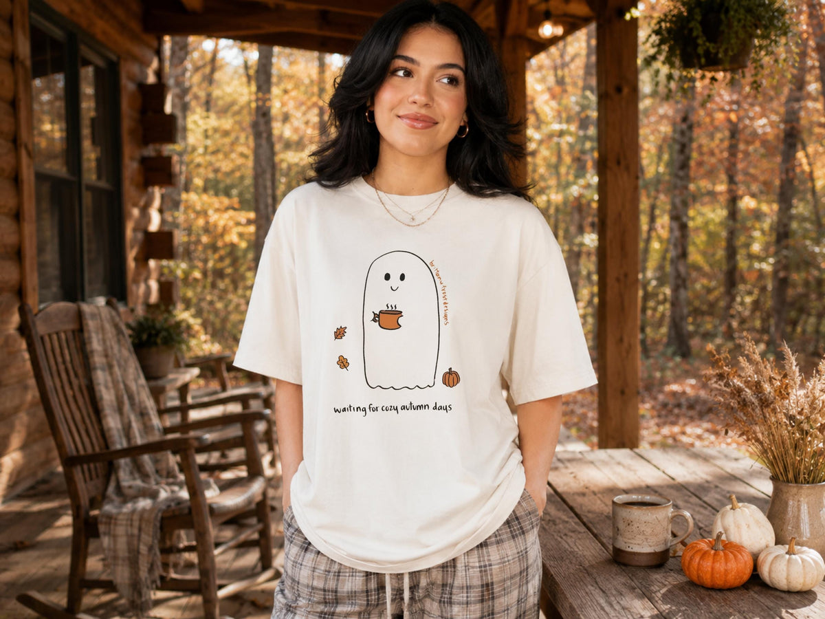 Cozy Autumn Ghost Sweatshirt, Cute Fall Crewneck, Pumpkin Coffee Lover Pullover, Waiting for Cozy Autumn Days, Seasonal Gift for Her